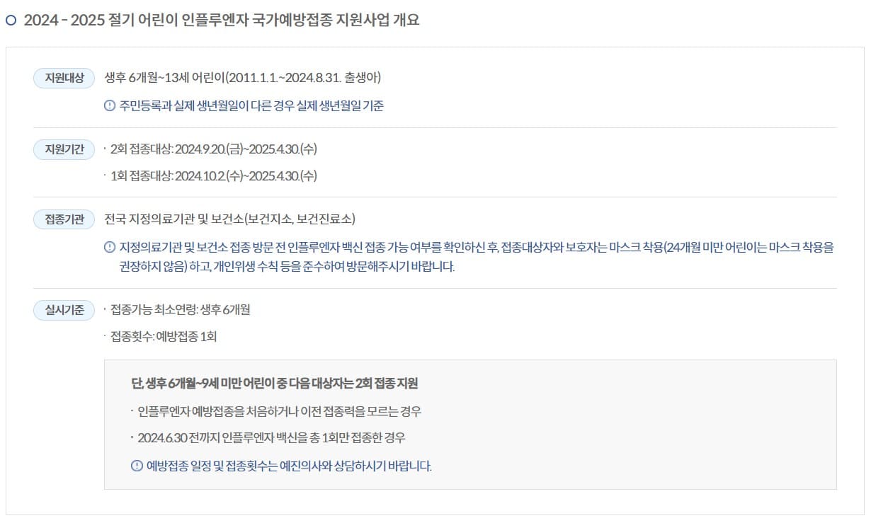 독감 예방접종 대상자 일정 예진표