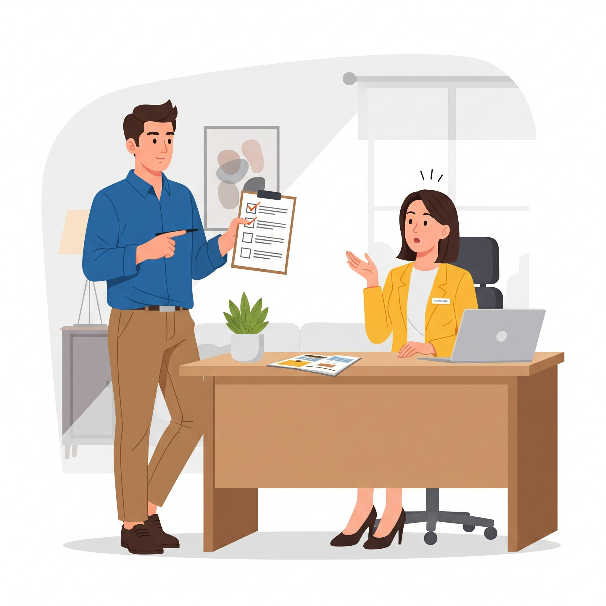 분양상담사와 마주 앉아 준비해온 체크리스트로 날카로운 질문을 하는 모습