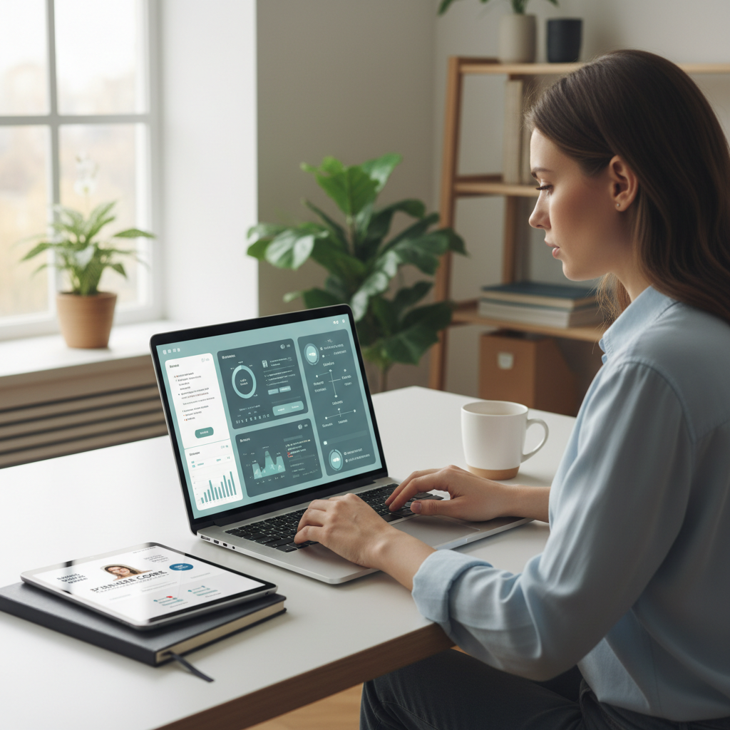 여성이 노트북을 사용하며 AI툴을 학습하는 장면
