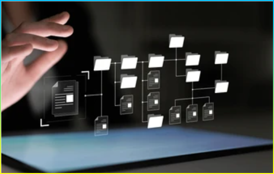 폴더 구성, 파일 계층 및 문서 배열을 보여주는 디지털 파일 구조. 파일 구조 지원 센터 관리, 액세스 향상, 파일 구조 명확성 향상 래치