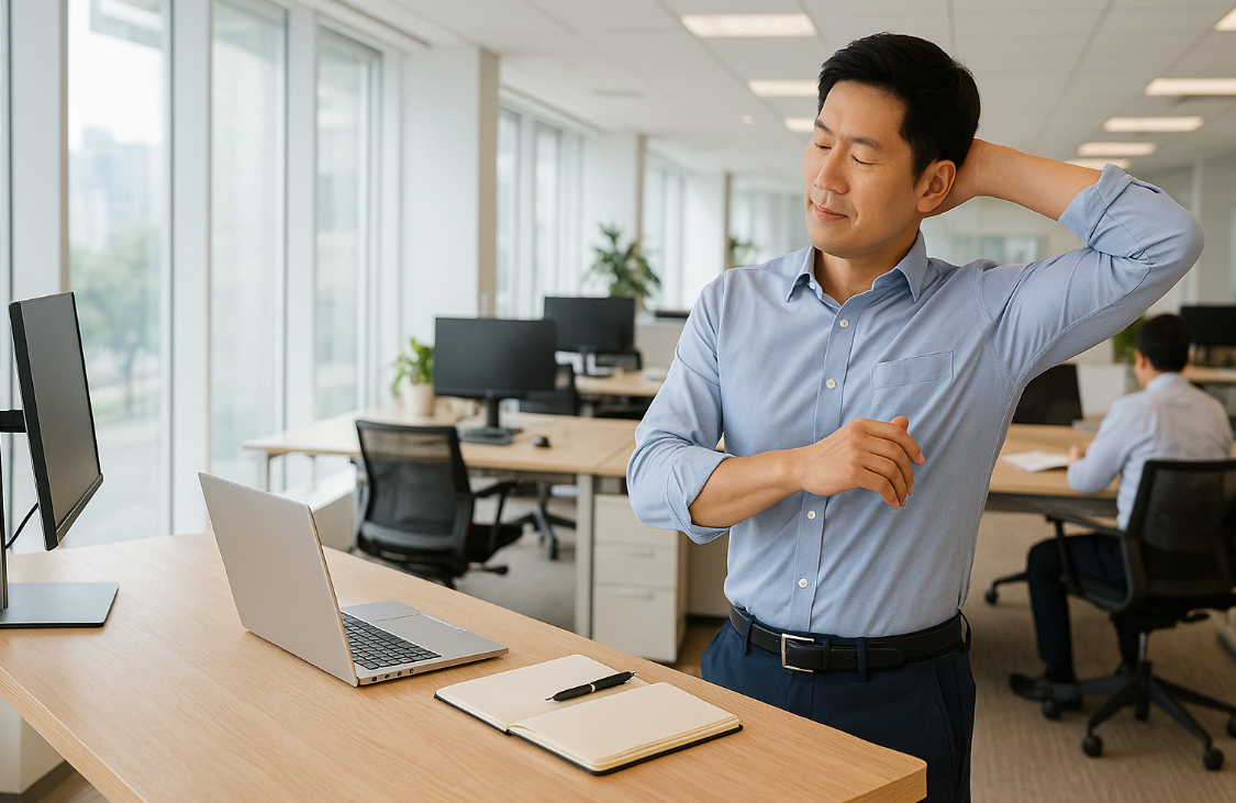 스탠딩 데스크를 이용하는 직장인