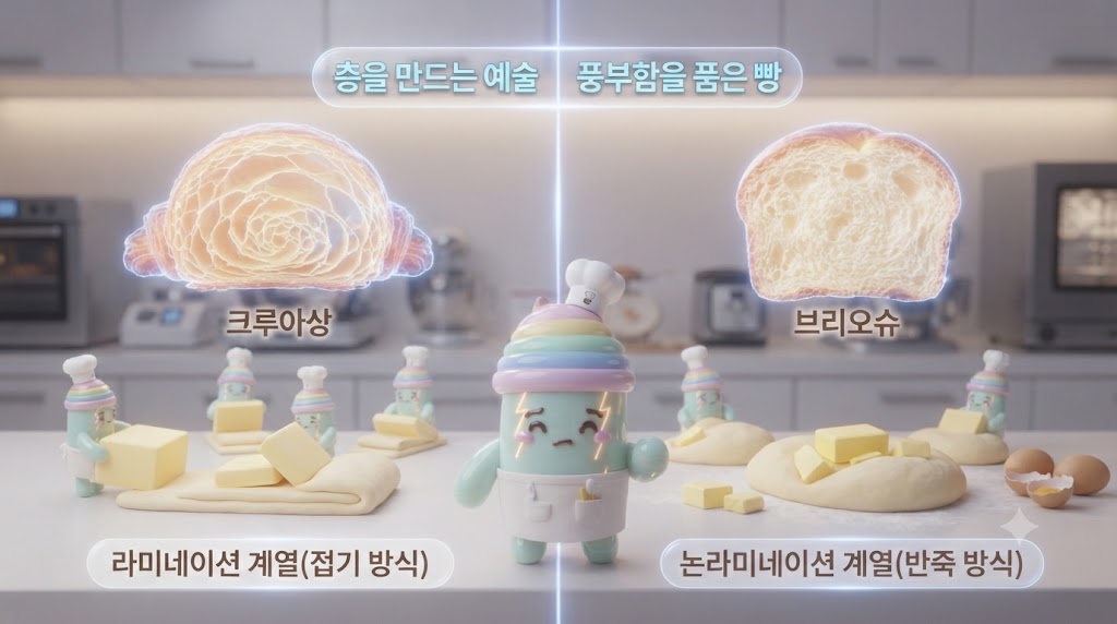 3D 쫀쿠가 '비에누아즈리 공작소'에서 거대한 단면도를 통해 제조 방식을 비교하고 있습니다. 왼쪽 '라미네이션 계열' 섹션에서는 3D 쫀쿠가 버터 블록을 반죽에 접어 넣는 폴딩(Folding) 과정을 시연하고, 그 결과물인 '크루아상'의 촘촘한 층이 홀로그램으로 빛납니다. 오른쪽 '논라미네이션 계열' 섹션에서는 3D 쫀쿠가 풍성한 버터&middot;달걀 반죽을 둥글게 빚고 있으며, 부드러운 '브리오슈' 속살이 표현됩니다.