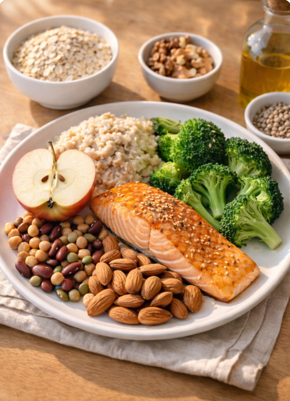 콜레스테롤 관리에 도움이 되는 식품이 담긴 한 접시. 연어, 아몬드, 귀리, 사과, 콩류, 브로콜리, 현미밥 등 건강한 음식들이 조화롭게 담겨 있다.