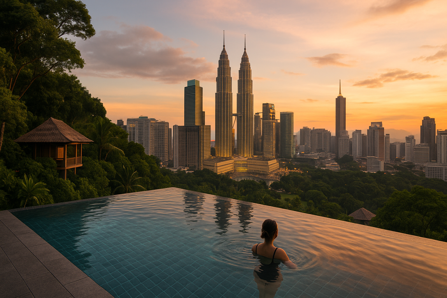 황혼의 쿠알라룸푸르 스카이라인을 배경으로 전통 오두막이 우거진 정글 위 인피니티 풀에 몸을 담근 모습