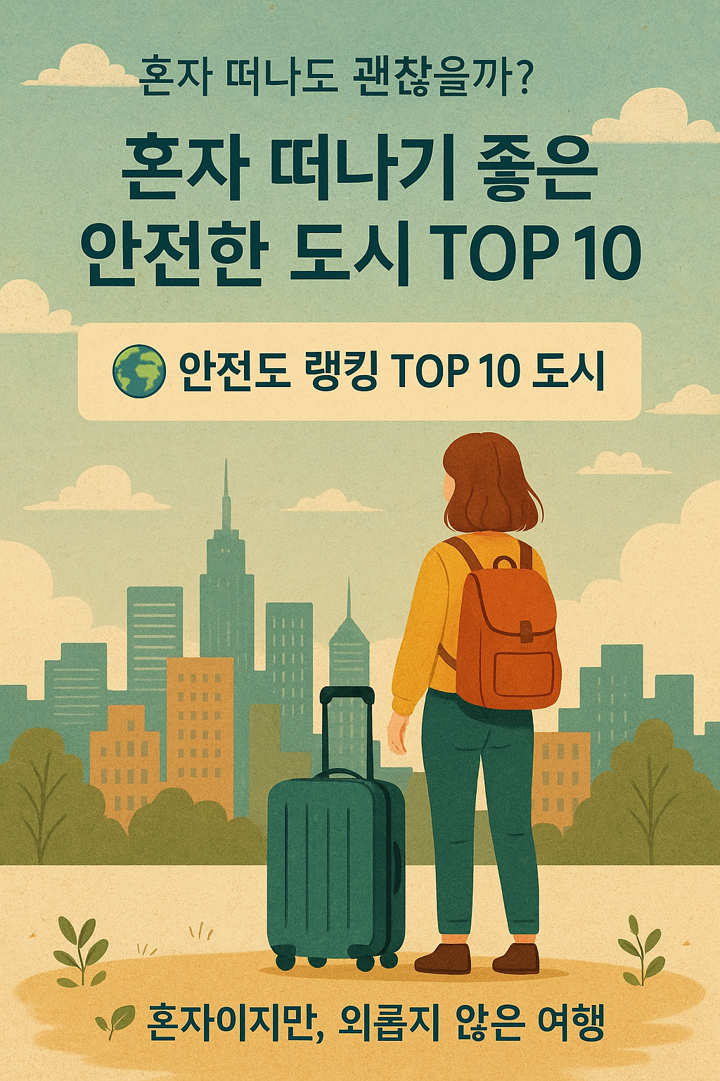 혼자 여행을 떠나는 여성이 도시를 배경으로 서 있는 일러스트 썸네일 – 안전한 도시 TOP 10 안내 이미지, 감성적인 색감과 여행 가방이 강조된 장면