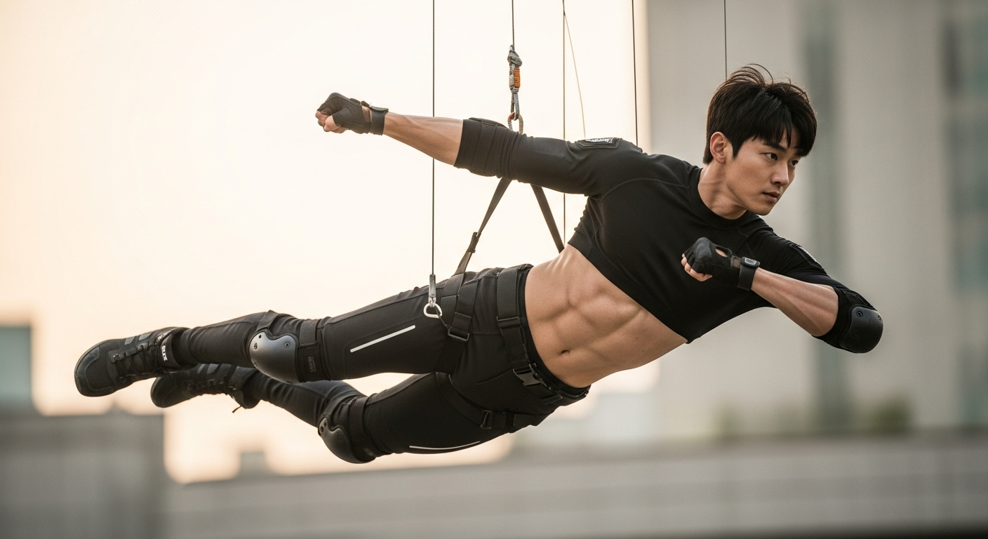 와이어에 매달려 공중에서 포즈를 취하고 있는 스턴트 배우