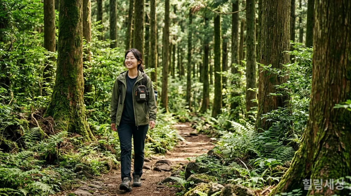 제주도 숲길을 혼자 걷는 젊은 한국 여성의 모습