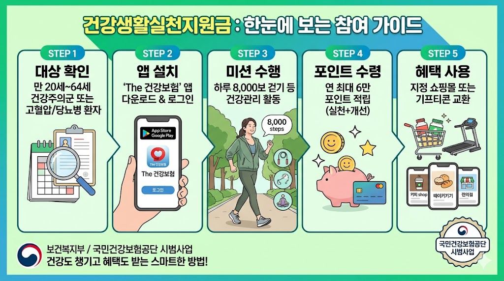 건강생활실천지원금 참여 방법을 5단계로 설명하는 인포그래픽