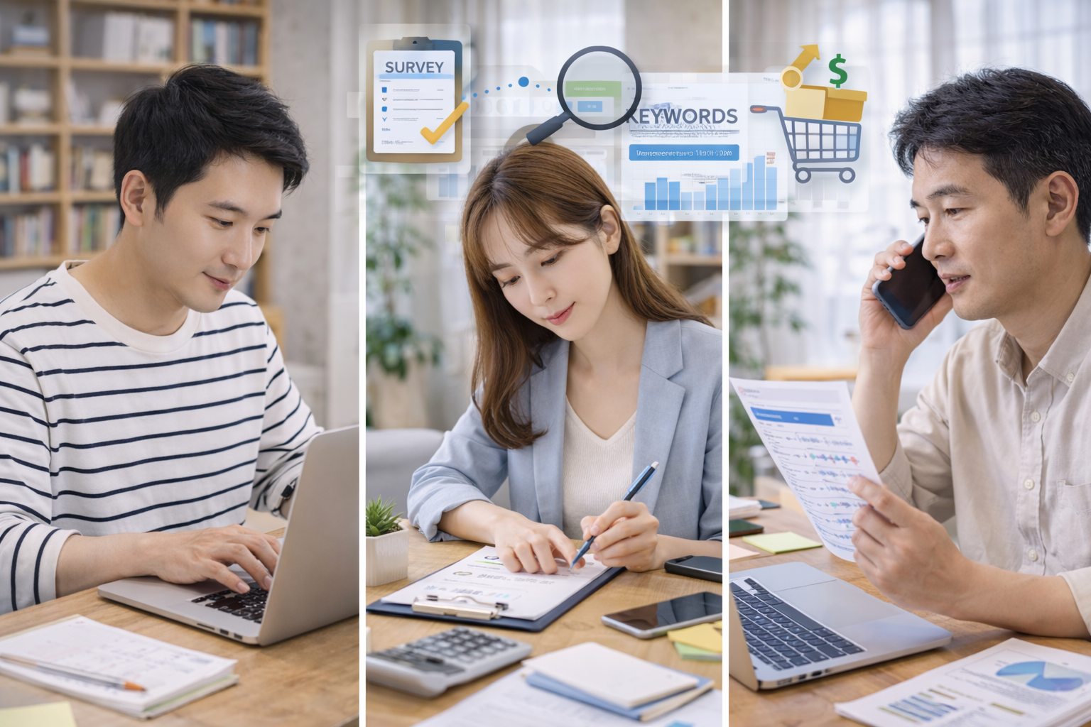 온라인 정보 조사와 문서 정리 작업 모습,
노트북과 서류를 활용한 콘텐츠 준비 장면,
실내에서 자료를 검토하는 작업 환경 이미지