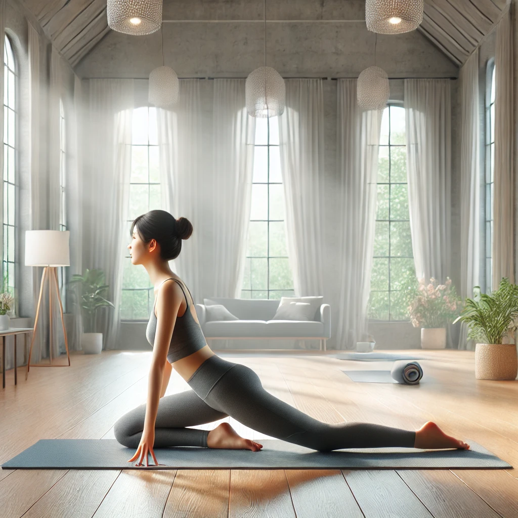 요가 스튜디오에서 요가 자세를 취하며 차분한 분위기를 즐기는 중년 여성