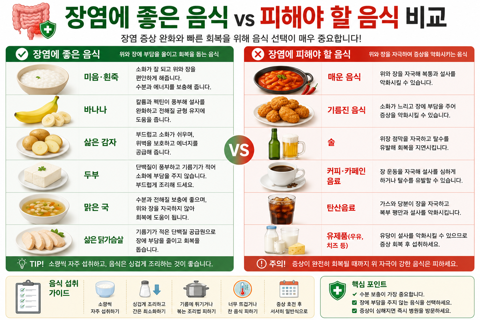장염에 좋은 음식과 피해야 할 음식 비교 이미지