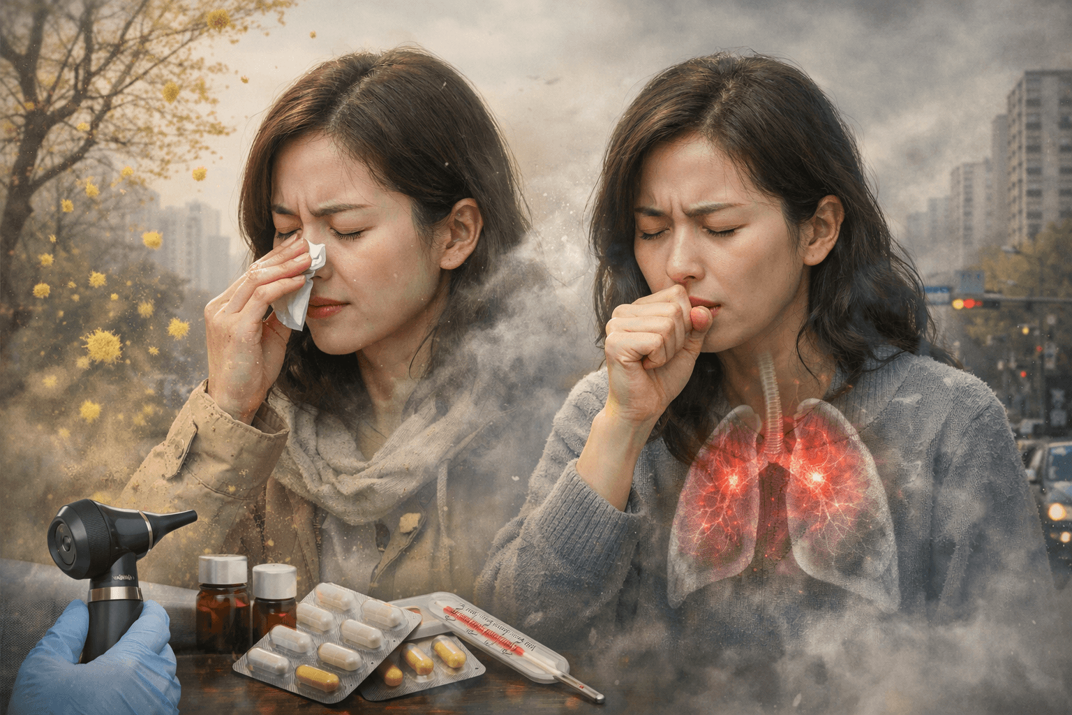 한국 도시 배경에서 미세먼지와 꽃가루 속에 비염과 기침 증상을 겪는 여성이 코를 막고 기침하며 폐 염증이 강조된 모습