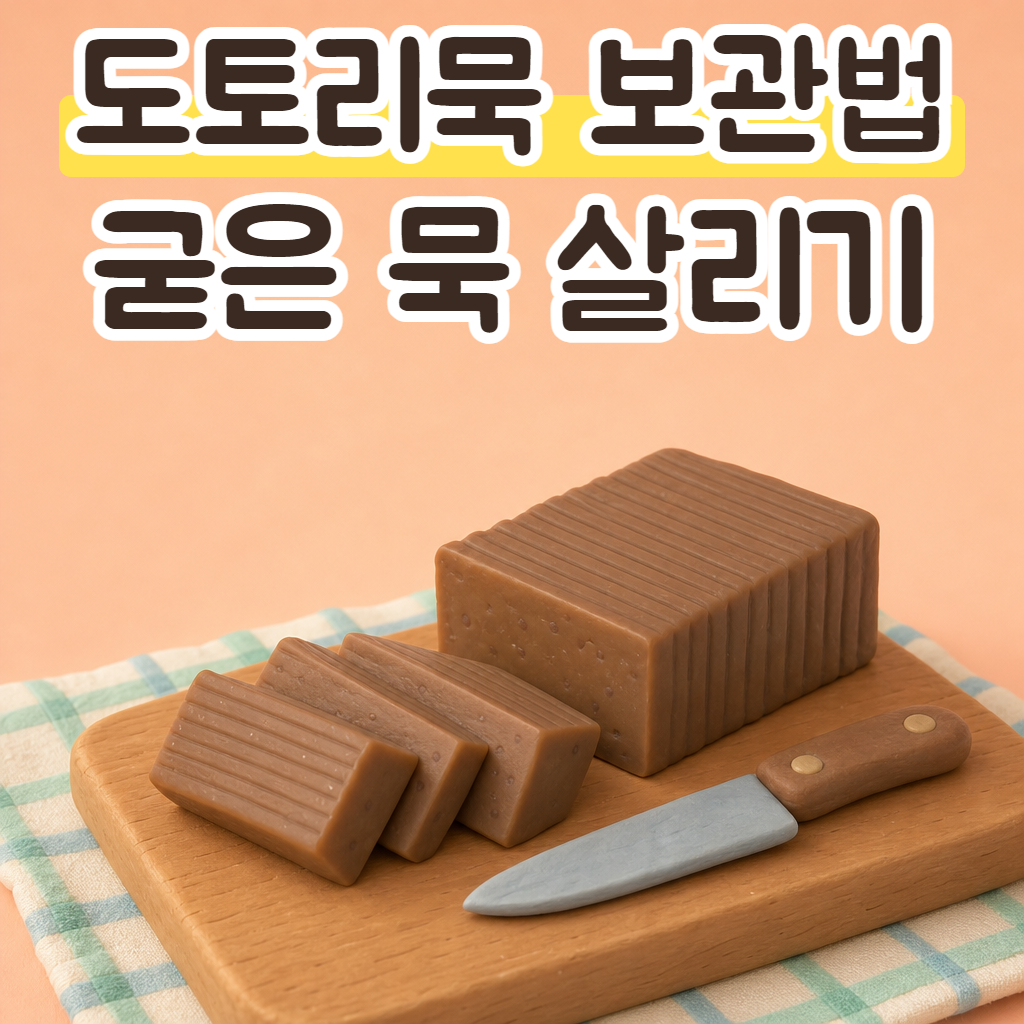 나무 도마 위에 네모나게 썰린 도토리묵 한 덩이