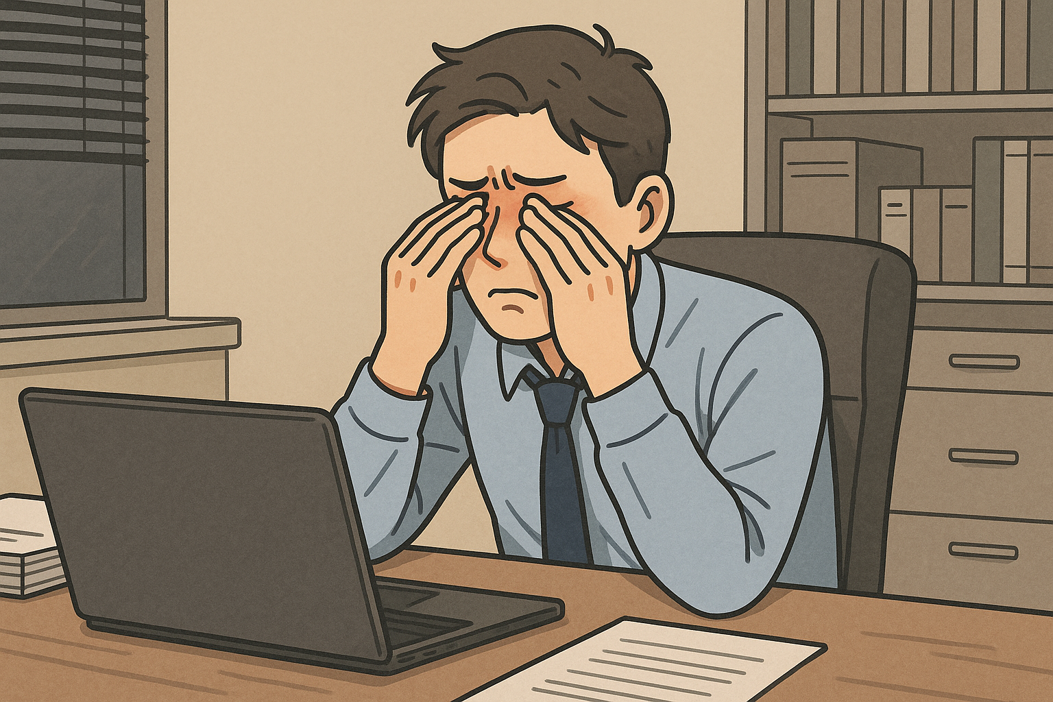 장시간 업무로 안압 상승 등의 눈 피로가 누적되어 힘든 직장인