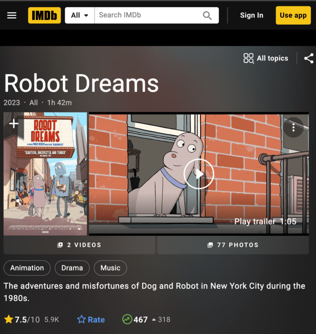 로봇드림 영화 리뷰 및 정보 관람 후기 관람평