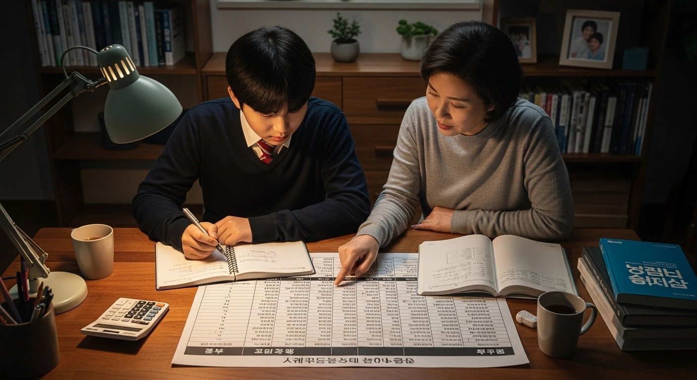 수험생과 부모가 입시 자료를 보며 분석하는 장면
