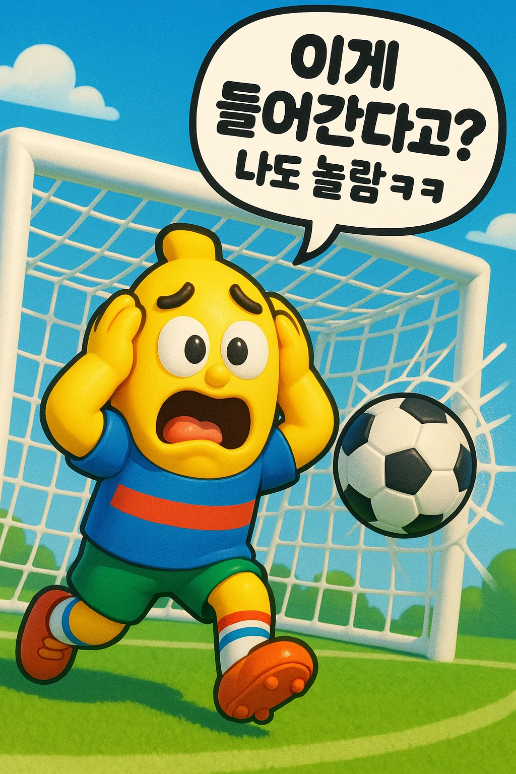 무료로 나노바나나 스타일 이미지 만드는 법, 축구 골문 앞에서 슈팅 후 두 손으로 머리를 감싸며 놀라는 선수의 모습