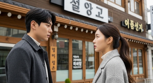 동네 부동산 앞에서 진지하게 상담하는 젊은 부부