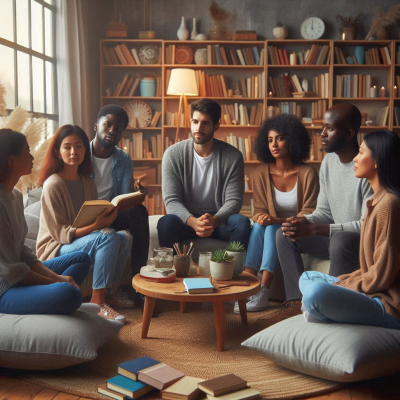 여러 사람이 꿈에 대해 이야기하며 편안한 분위기에서 토론하는 모습.