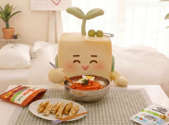 집밥을 먹고 있는 '콩이' 캐릭터