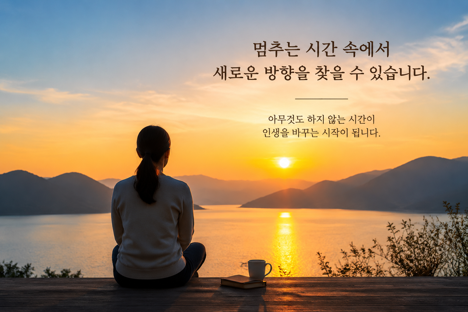 바쁜 삶 속에서 잠시 멈추고 자신을 돌아보는 시간을 표현한 이미지