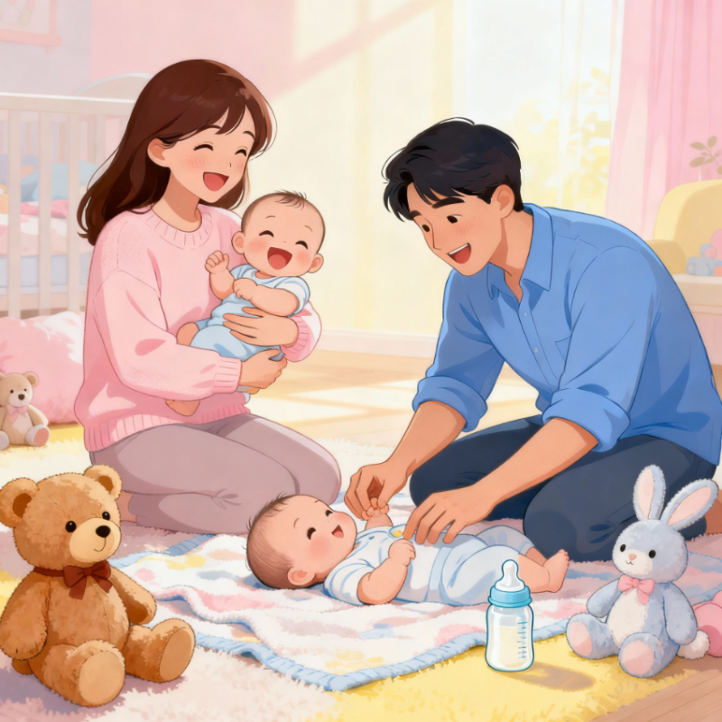 밝은 거실에서 아기를 안고 웃는 부모의 모습, 출산과 육아 지원금을 통해 행복한 가정을 상징하는 장면