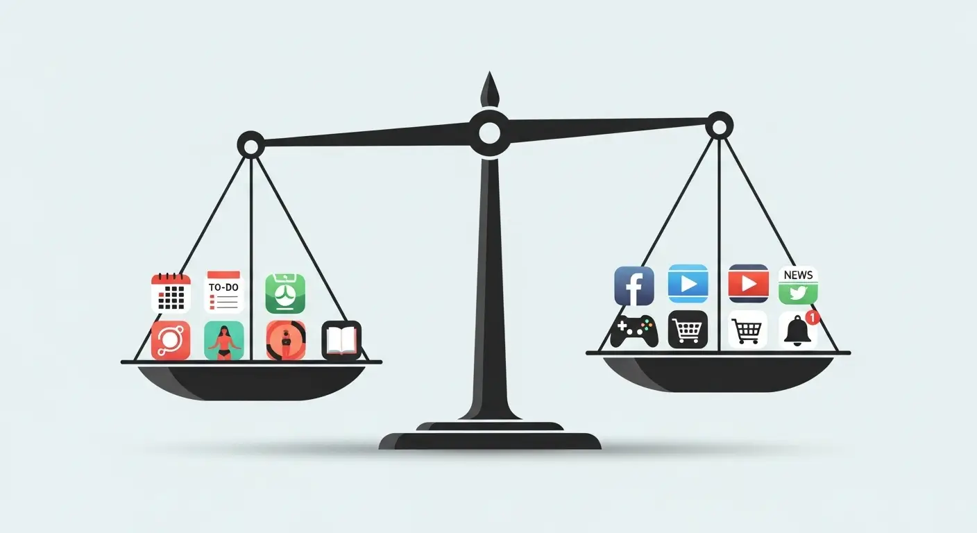 생산성 앱과 시간 소모 앱 사이의 균형을 보여주는 저울 형태의 인포그래픽