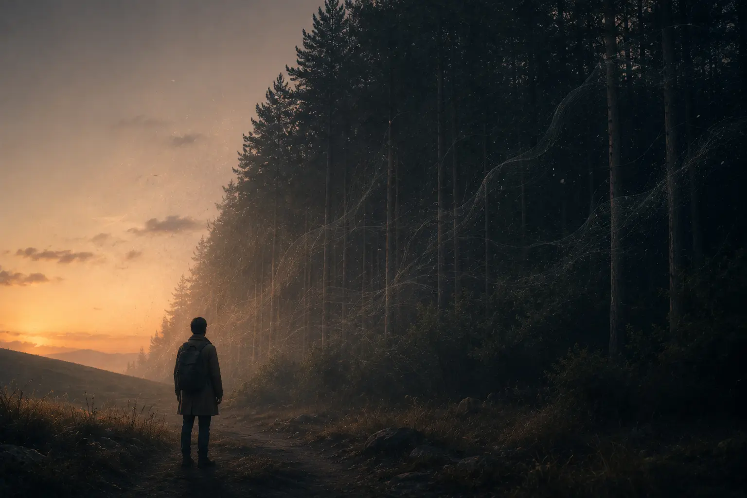 A lone traveler standing at the edge of a dark forest while others claim an invisible creature exists within.