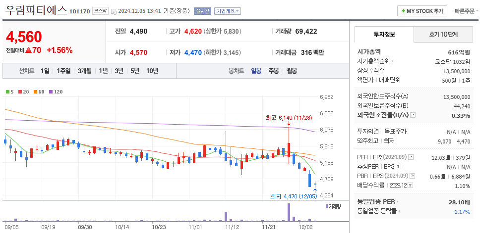대왕고래 관련주 우림피티에스 주가 차트