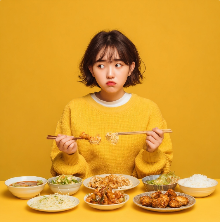 인스턴트와 나트륨 식단을 먹으며 걱정하는 여성