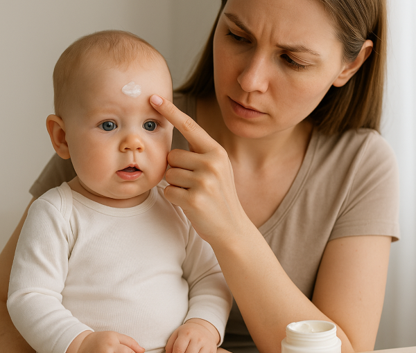 아기 이마에 보습 크림을 바르며 걱정스럽게 아기 피부를 살피는 엄마 – 유아 지루성 피부염이나 피부 트러블을 관리하는 장면