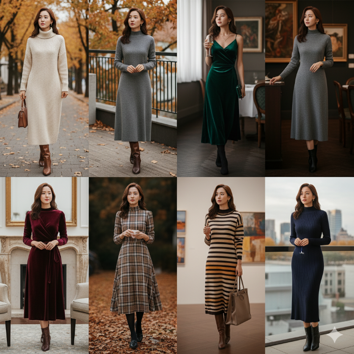 니트, 벨벳, 울 소재의 가을 원피스