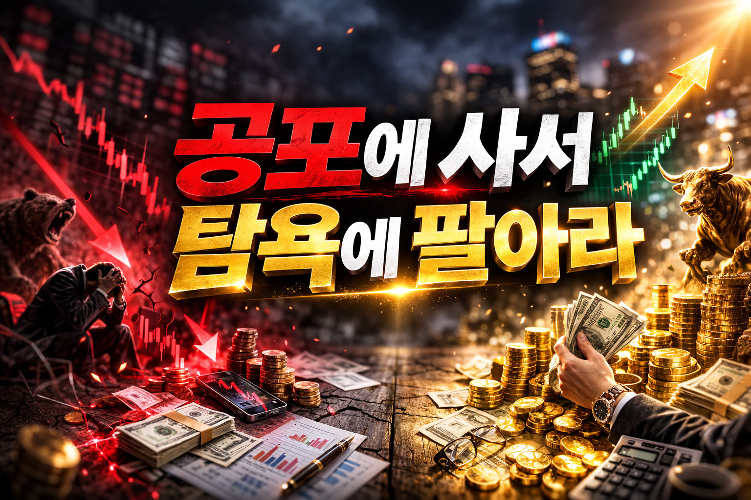 공포에서 탐욕으로 바뀌는 증시를 상징한 이미지로 하락장 곰과 상승장 황소, 주가 차트와 금화·달러를 통해 Fear & Greed Index 투자 전략을 표현한 장면