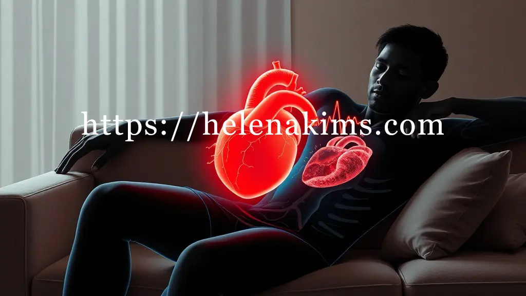 편안히 소파에 기대앉은 사람의 반투명 실루엣. 내부에 위장과 심장이 빛나는 형태로 연결되어 있고, 위장으로 혈액이 집중되는 활발한 흐름이 표현된 이미지.