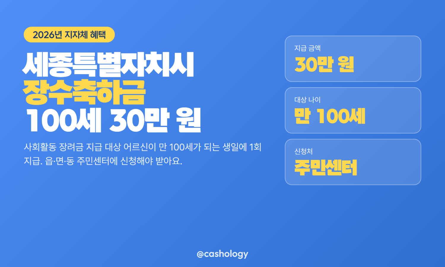 세종특별자치시 장수축하금 100세 지급 대표 안내