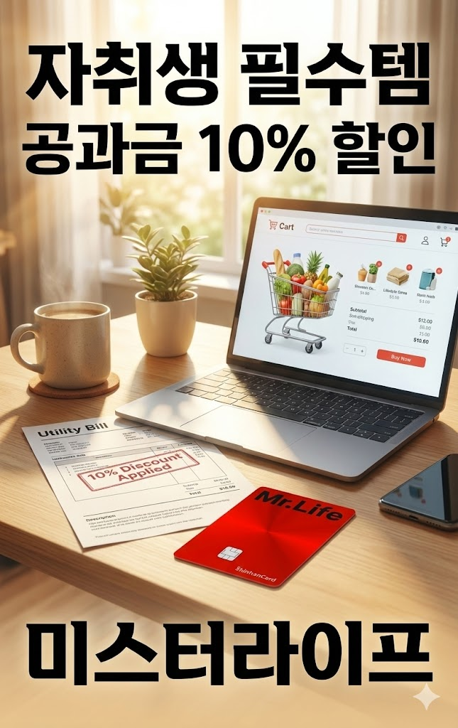 책상 위에 놓인 신한 미스터라이프 카드와 공과금 고지서, 자취생 생활비 절약 필수품 이미지.