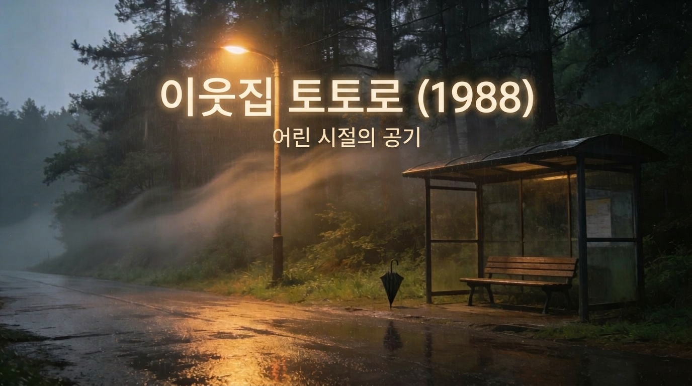 미야자키 하야오 감독 애니메이션 이웃집 토토로 1988 리뷰용 커스텀 썸네일, 비 오는 날 밤 가로등 불빛 아래 서 있는 검은 우산 과 버스 정류장의 평화롭고 신비로운 여백 풍경