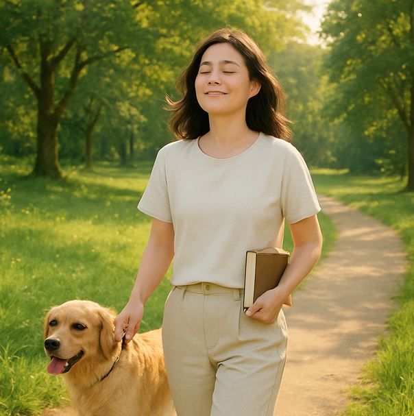 햇빛을 받으며 산책하는 여성의 모습이다.