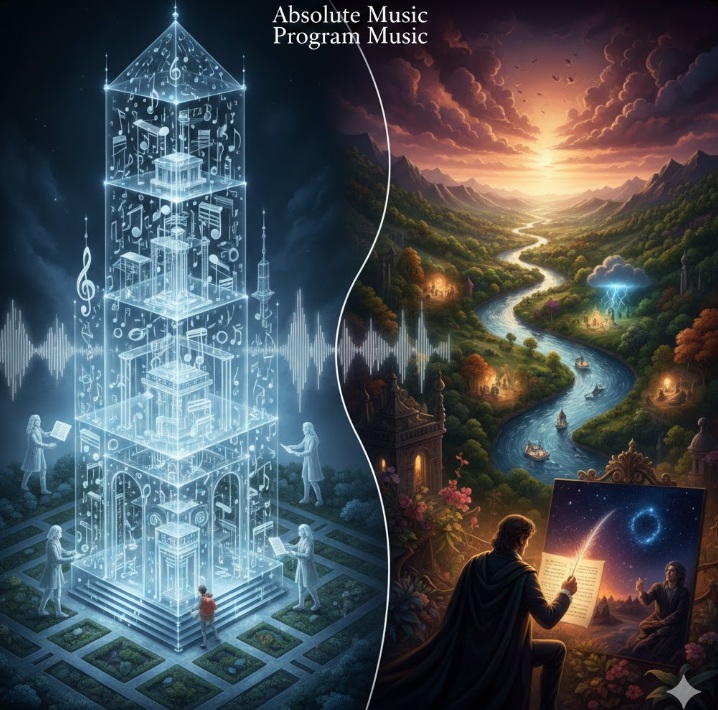 "절대음악 vs 표제음악" 비유 관련 그림