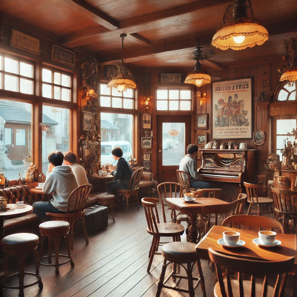 제주도에 위치한 빈티지 스타일의 카페. 오래된 나무 가구와 앤티크 장식, 벽에 걸린 빈티지 포스터로 꾸며져 있으며, 분위기는 따뜻하고 향수를 불러일으킴. 배경에는 부드러운 재즈 음악이 흐르고 있으며, 손님들은 도자기 컵에 담긴 커피를 마시고 있음. 창밖으로는 제주 마을의 한적한 거리가 보임.