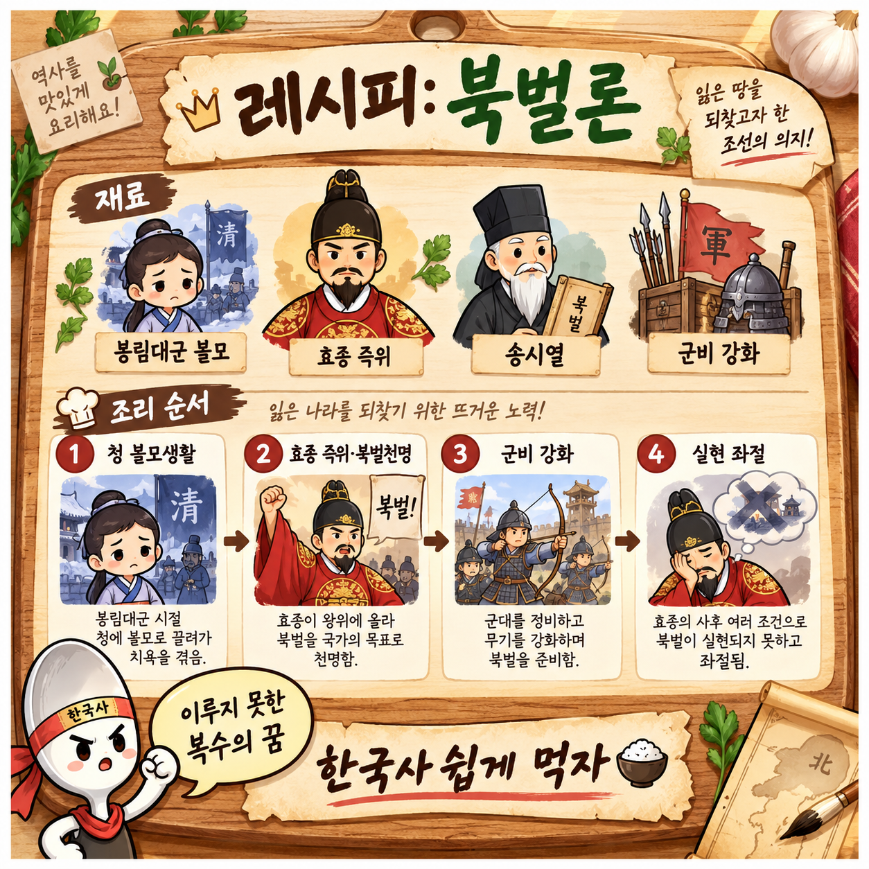 효종의 북벌론 과정을 레시피 형식으로 요약한 인포그래픽 이미지