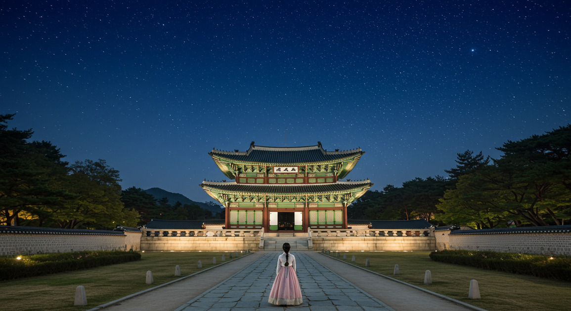 덕수궁에 서있는 한복입은 여성