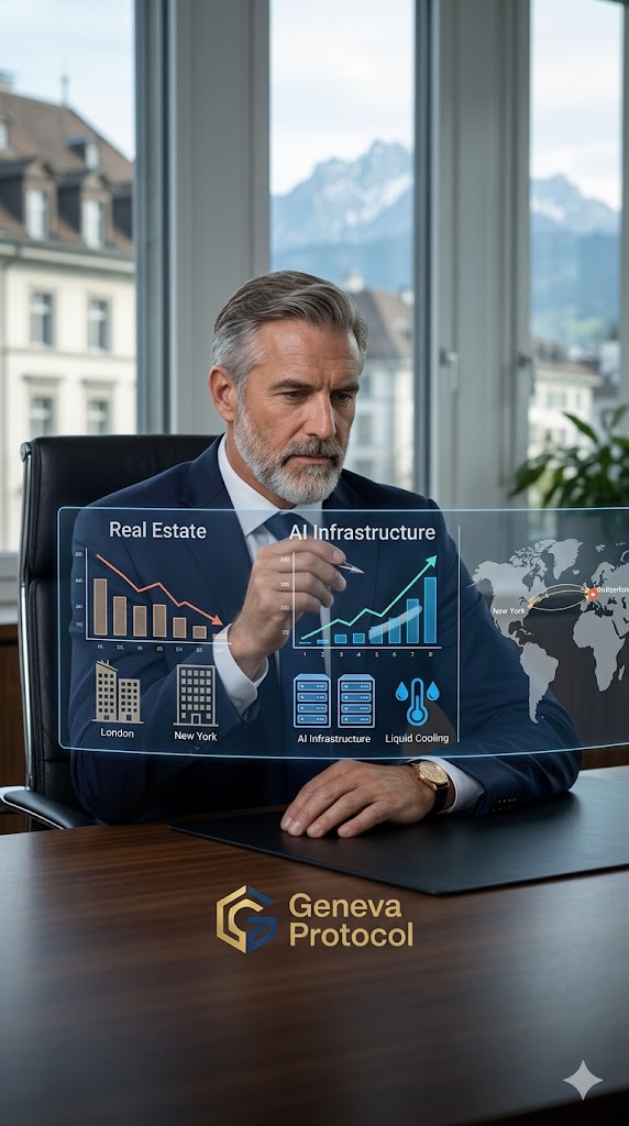 A professional Swiss banker analyzing a portfolio shift from Real Estate to AI Infrastructure.