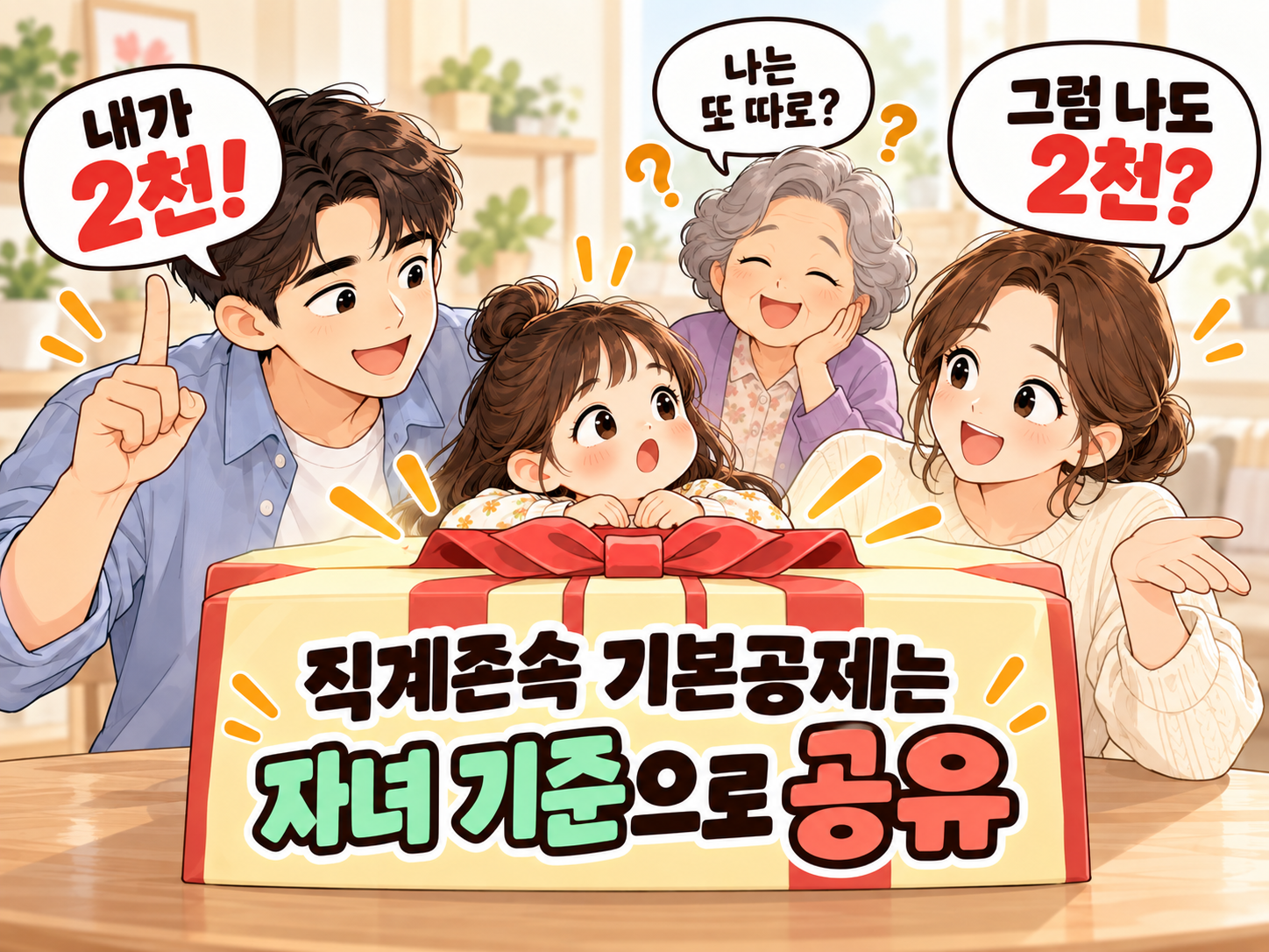 아빠 엄마 조부모가 각각 별도의 증여세 기본공제를 받는 것이 아니라 자녀를 기준으로 직계존속 공제한도를 함께 사용한다는 내용을 표현한 웹툰 이미지