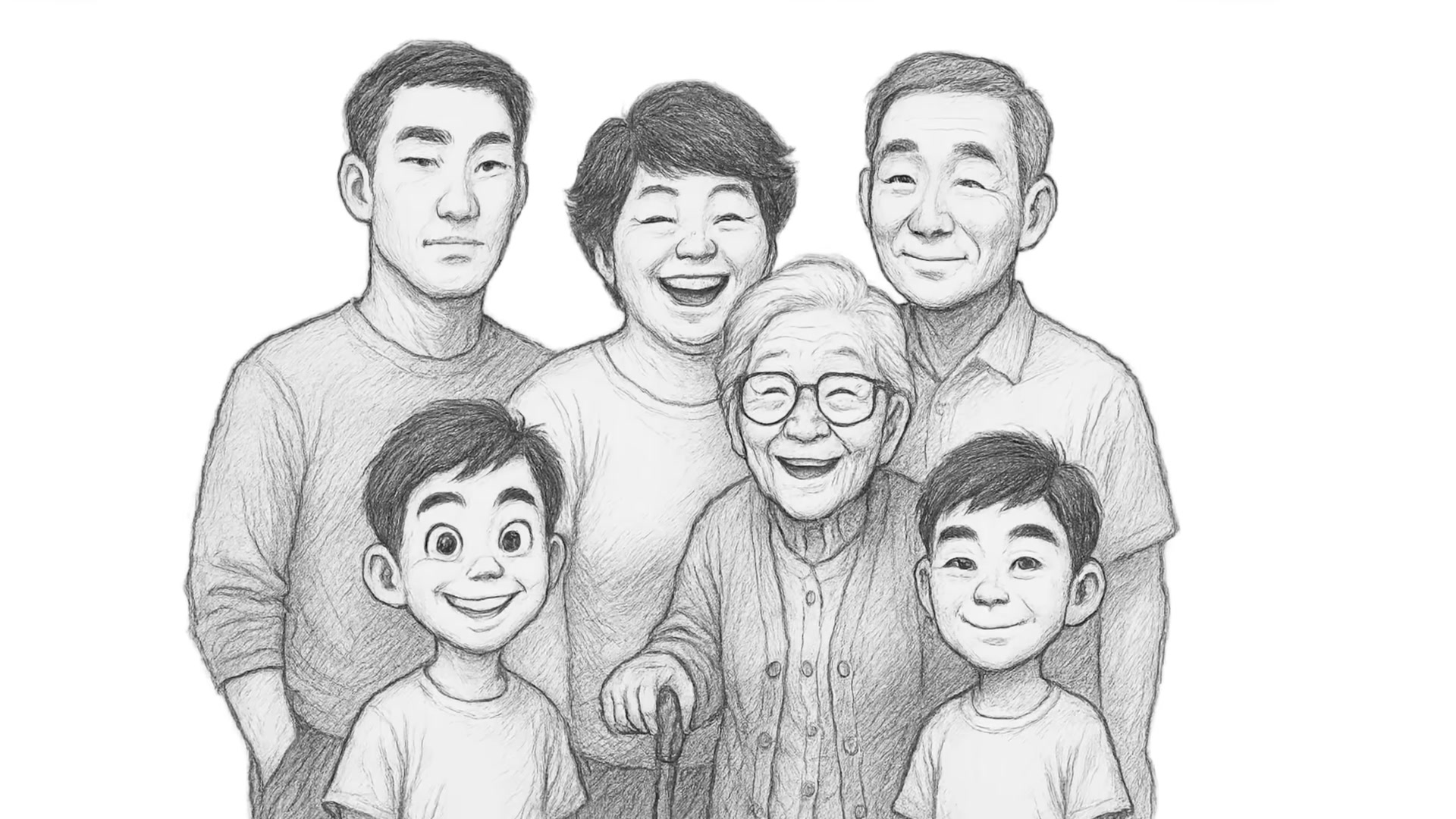 아빠&middot;엄마&middot;할머니&middot;큰형 + 위탁 두 아이 하준&middot;다정이가 모인 가족 일러스트