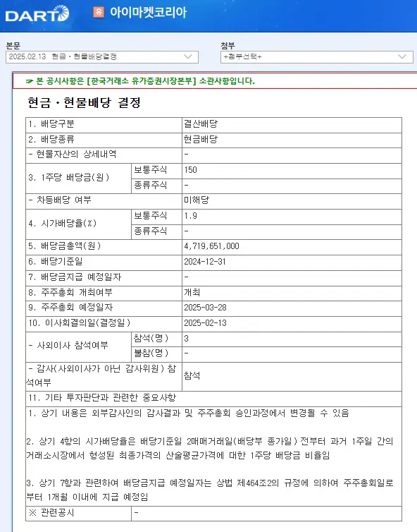 아이마켓코리아(122900) 2025년 배당