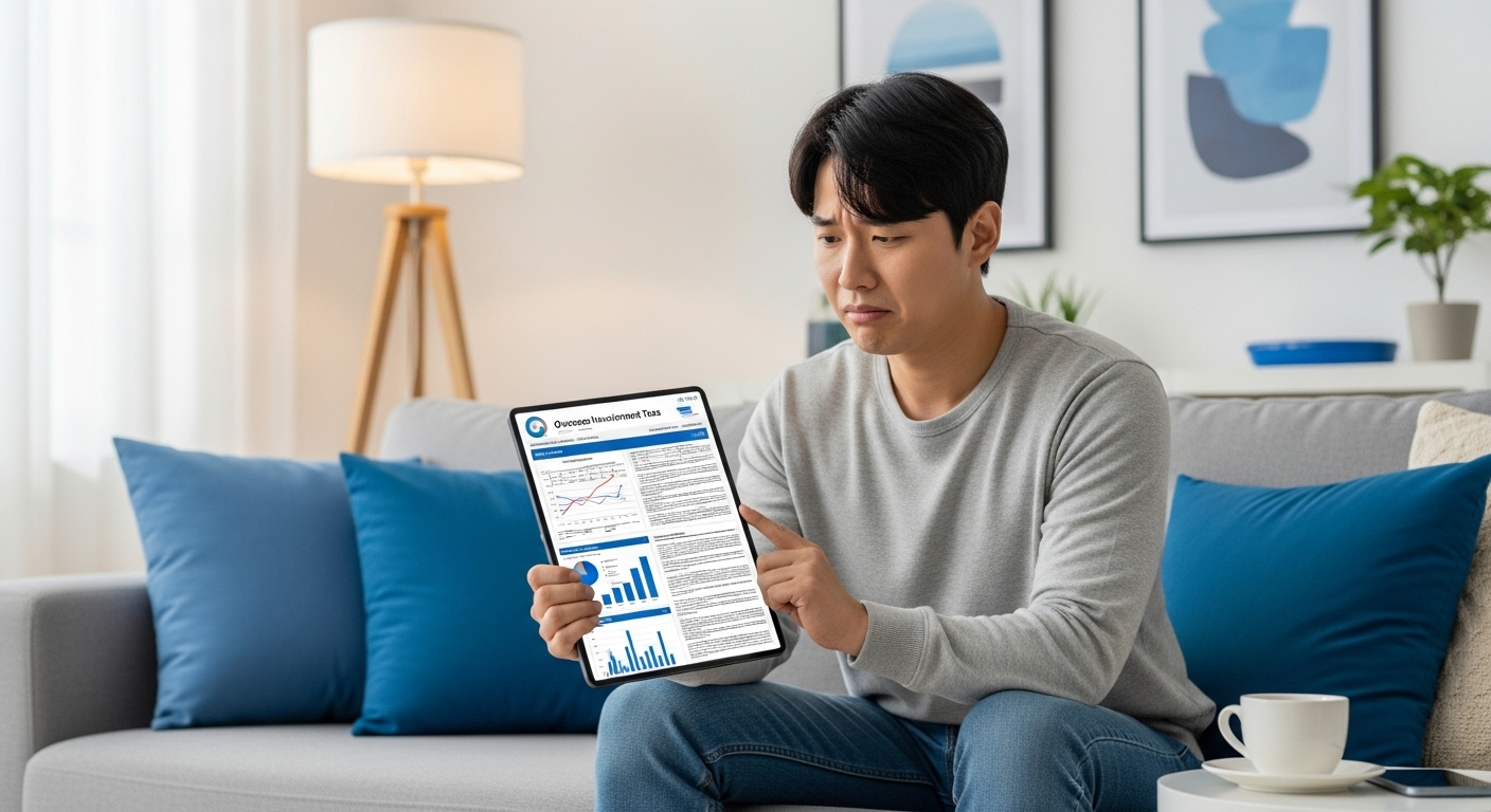 해외 주식 세금 서류를 보고 어려워하는 한국인 청년 투자자의 모습.