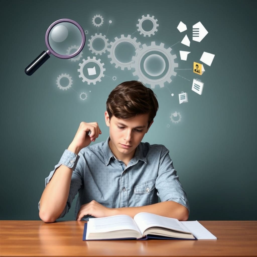 한 학생이 책상에 앉아 태블릿이나 책을 보며 깊이 생각하는 모습입니다. 학생의 머리 위에는 복잡한 정보의 흐름 속에서 핵심을 짚어내는 돋보기, 연결되는 톱니바퀴, 또는 필터링되는 정보 조각들이 시각적으로 표현됩니다. 차분하고 집중된 분위기 속에서 개인이 정보를 분석하고 자신의 관점을 형성하는 과정을 상징적으로 보여줍니다.