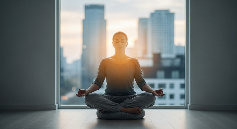 현대적인 공간에서 마음챙김 명상을 실천하는 사람