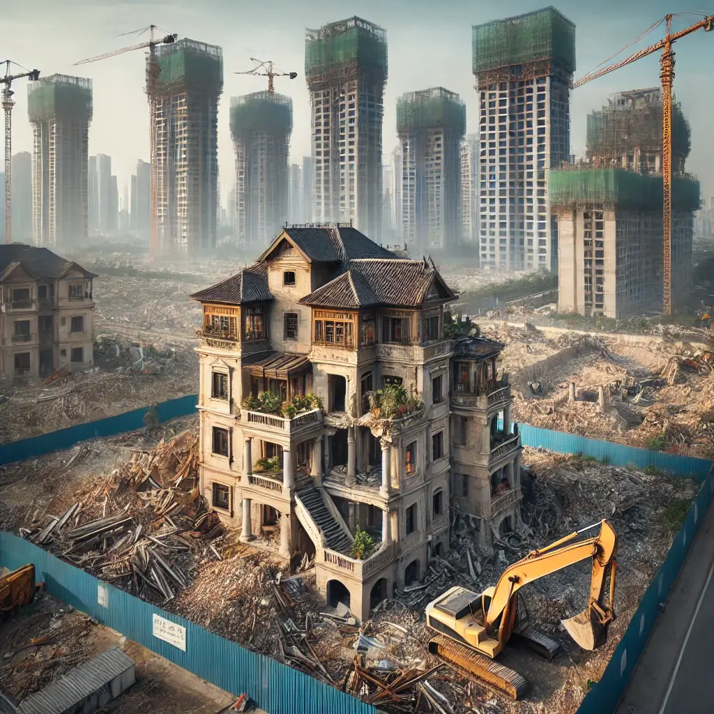 오래된 빌라가 철거되고 현대적인 고층 아파트로 재건축되는 모습